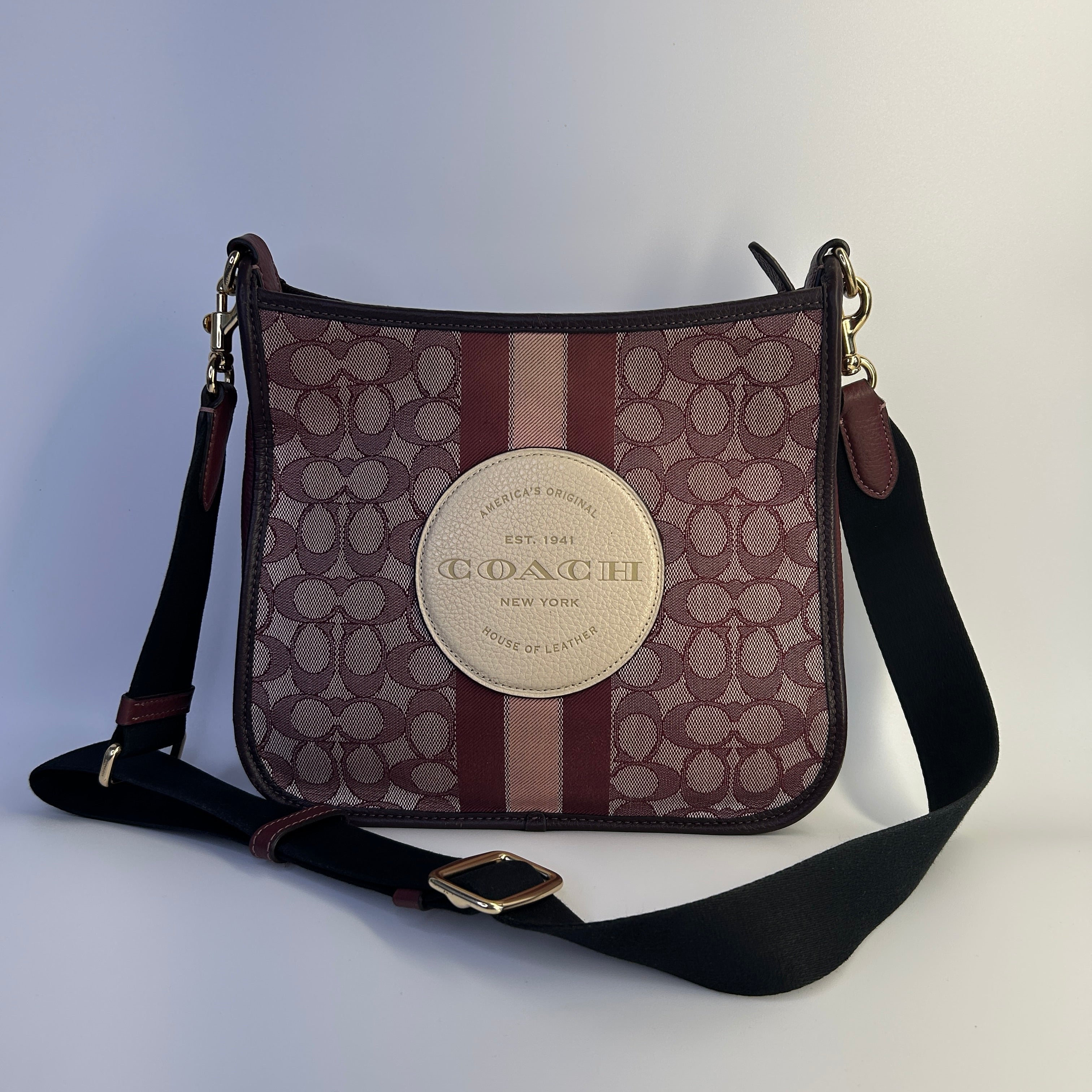 Coach Dempsey File Bag Wine Signature Jacquard Leather Crossbody Excellent