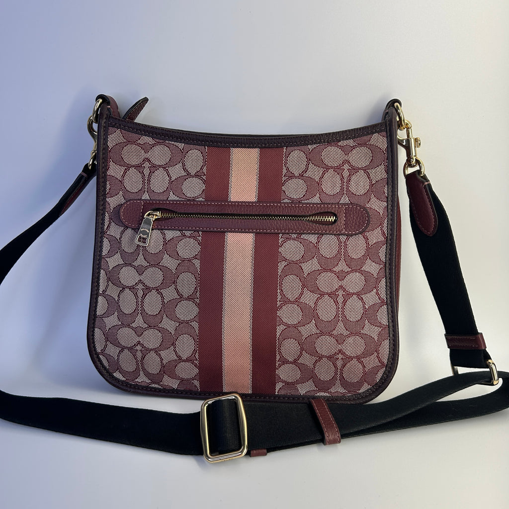 Coach Dempsey File Bag Wine Signature Jacquard Leather Crossbody Excellent