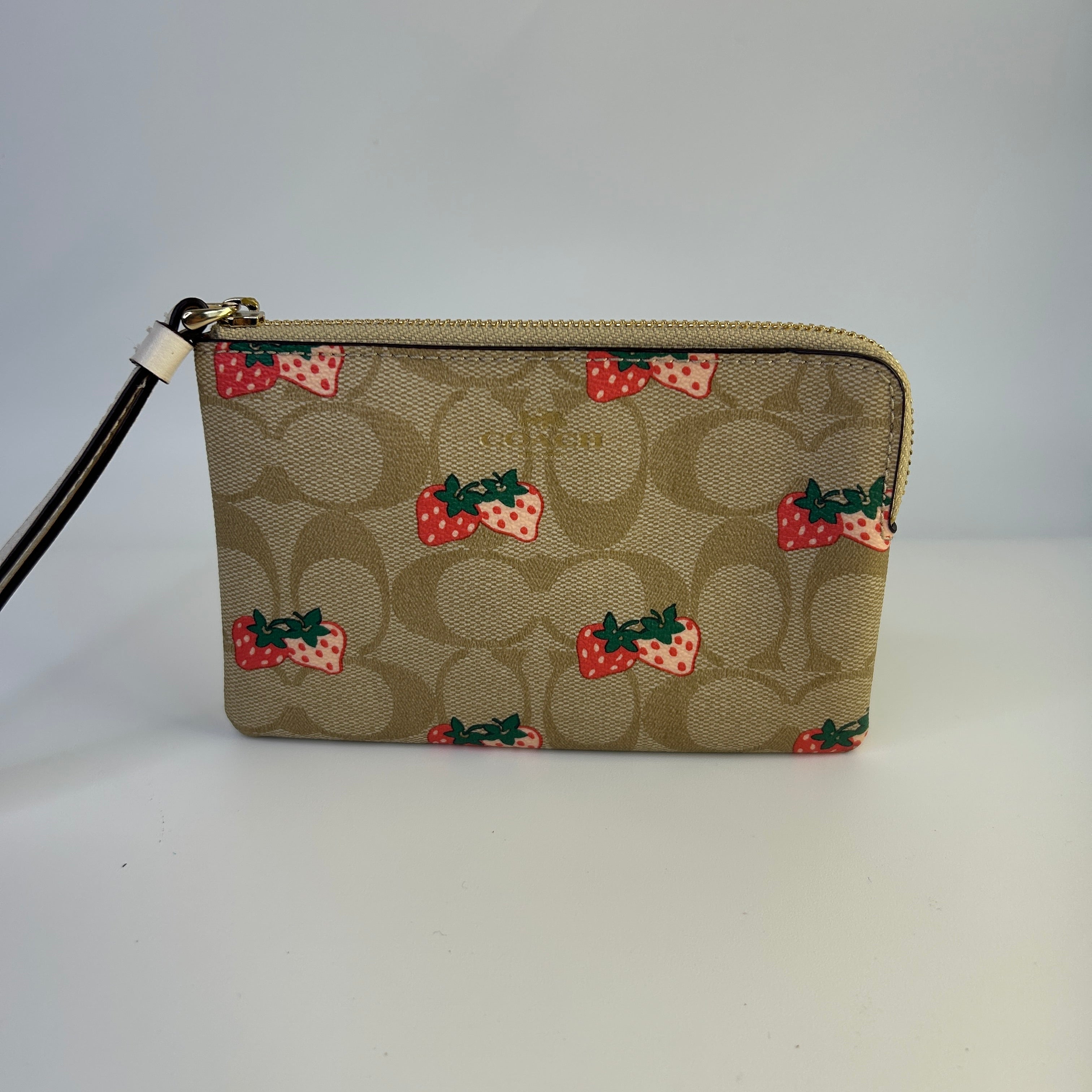 Coach Corner Zip Wristlet Khaki Strawberry Signature Canvas Bag Excellent