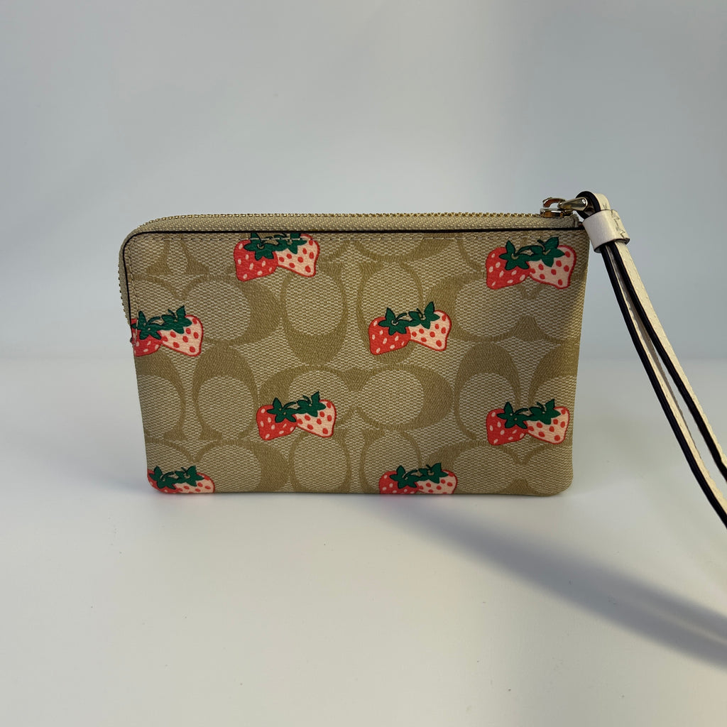 Coach Corner Zip Wristlet Khaki Strawberry Signature Canvas Bag Excellent