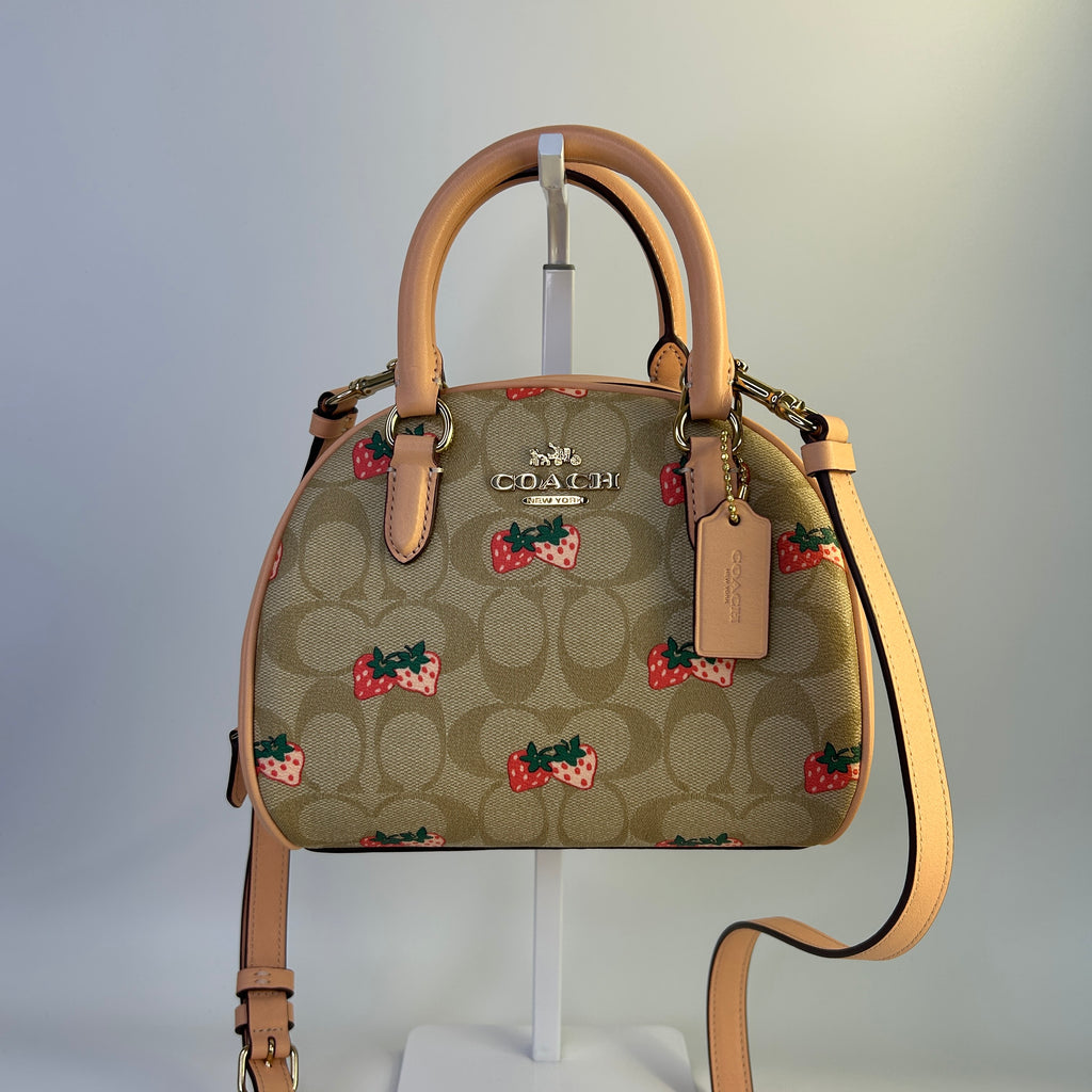 Coach Sydney Satchel Khaki Strawberry Signature Canvas Leather Bag Excellent