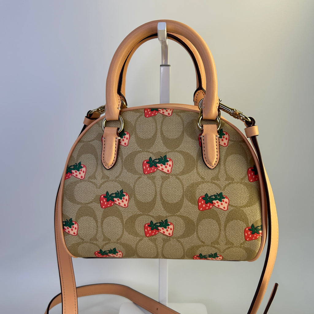 Coach Sydney Satchel Khaki Strawberry Signature Canvas Leather Bag Excellent