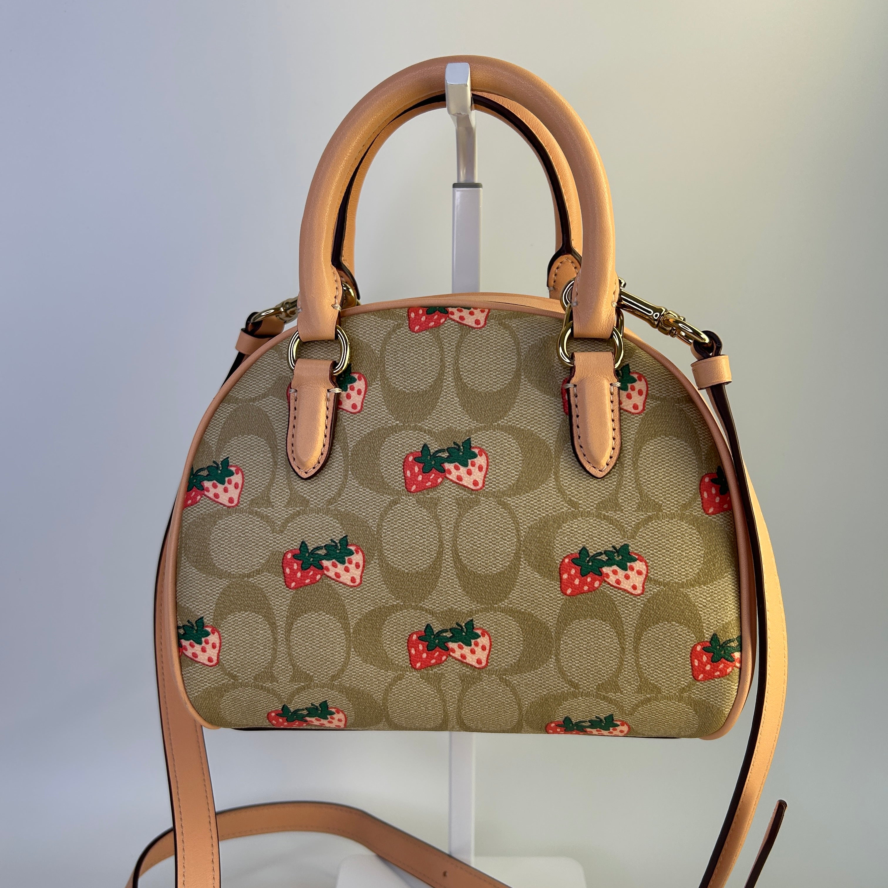 Coach Sydney Satchel Khaki Strawberry Signature Canvas Leather Bag Excellent