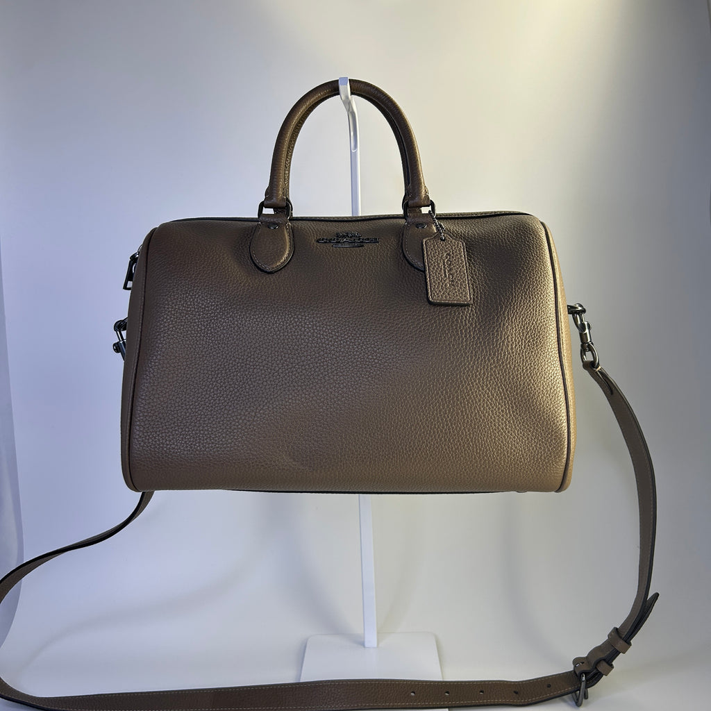 Coach Rowan Large Satchel Dark Stone Pebbled Leather Bag Excellent