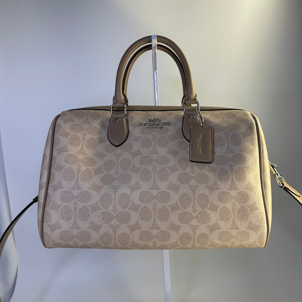 Coach Rowan Large Satchel Khaki Signature Canvas Leather Bag Good