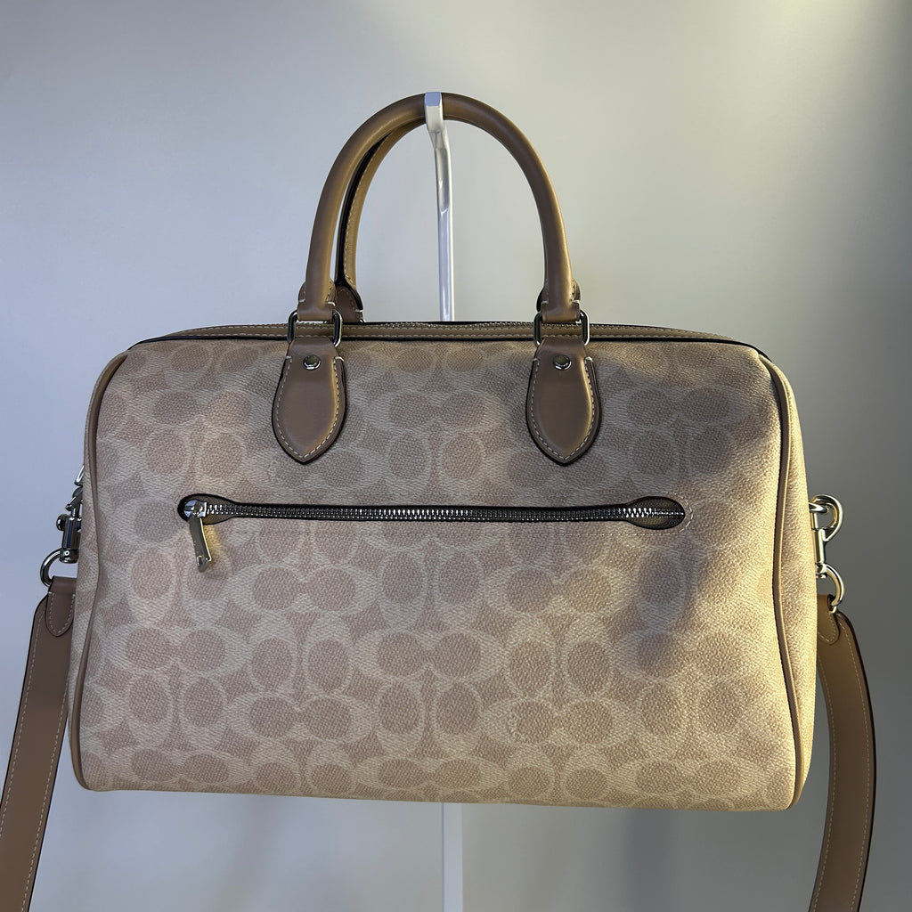Coach Rowan Large Satchel Khaki Signature Canvas Leather Bag Good