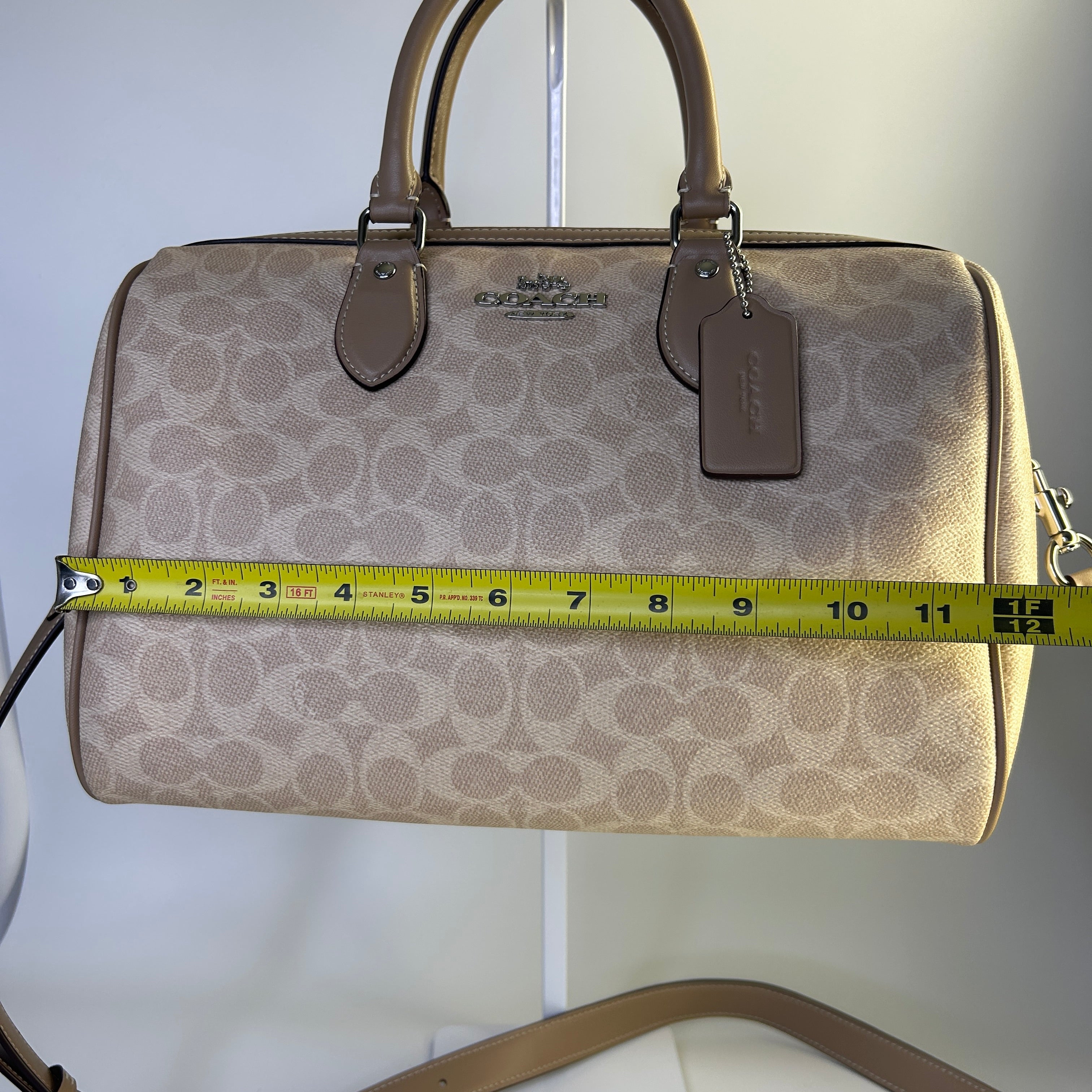 Coach Rowan Large Satchel Khaki Signature Canvas Leather Bag Good