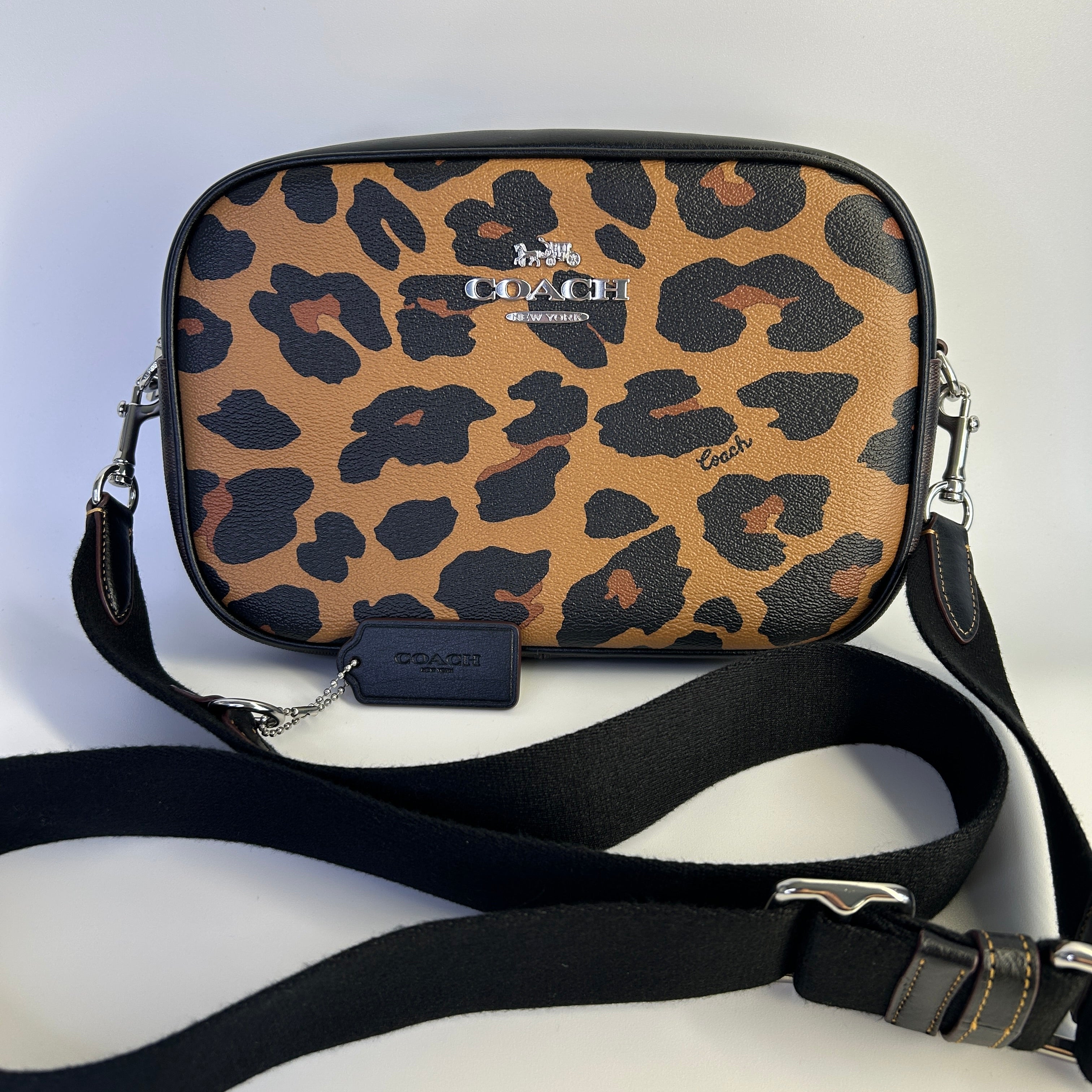 Coach Jamie Camera Bag Leopard Print Canvas Leather Crossbody Excellent