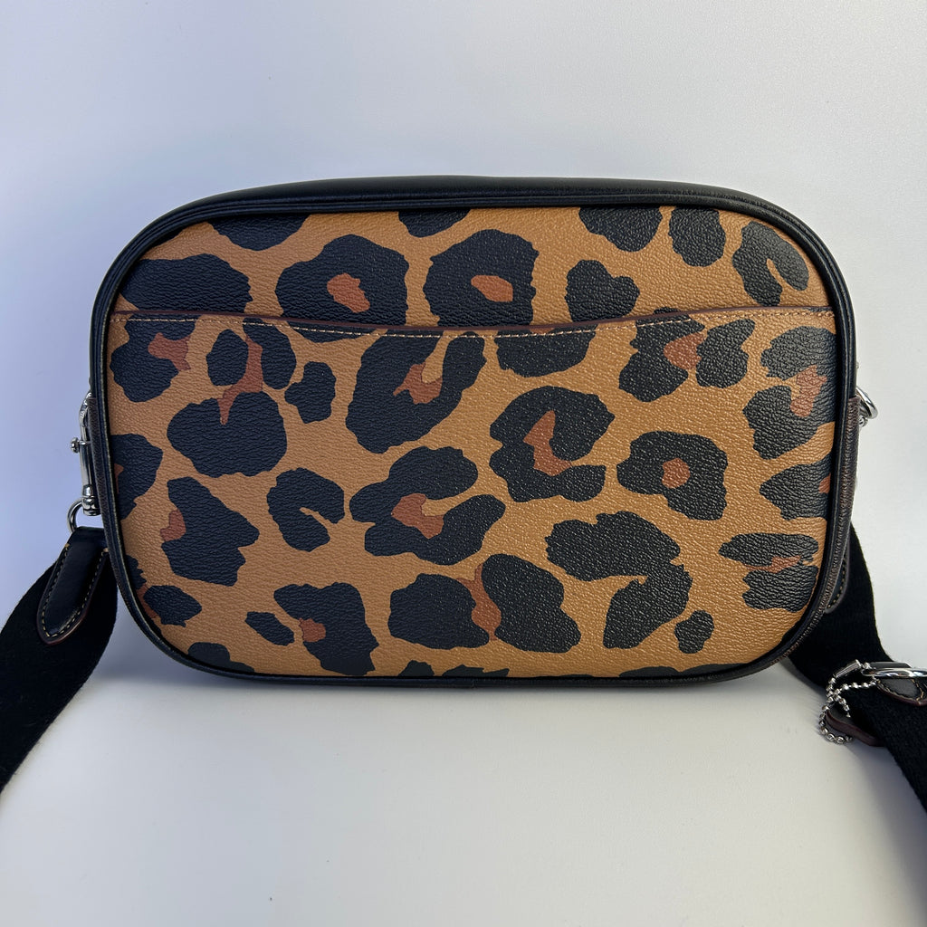 Coach Jamie Camera Bag Leopard Print Canvas Leather Crossbody Excellent