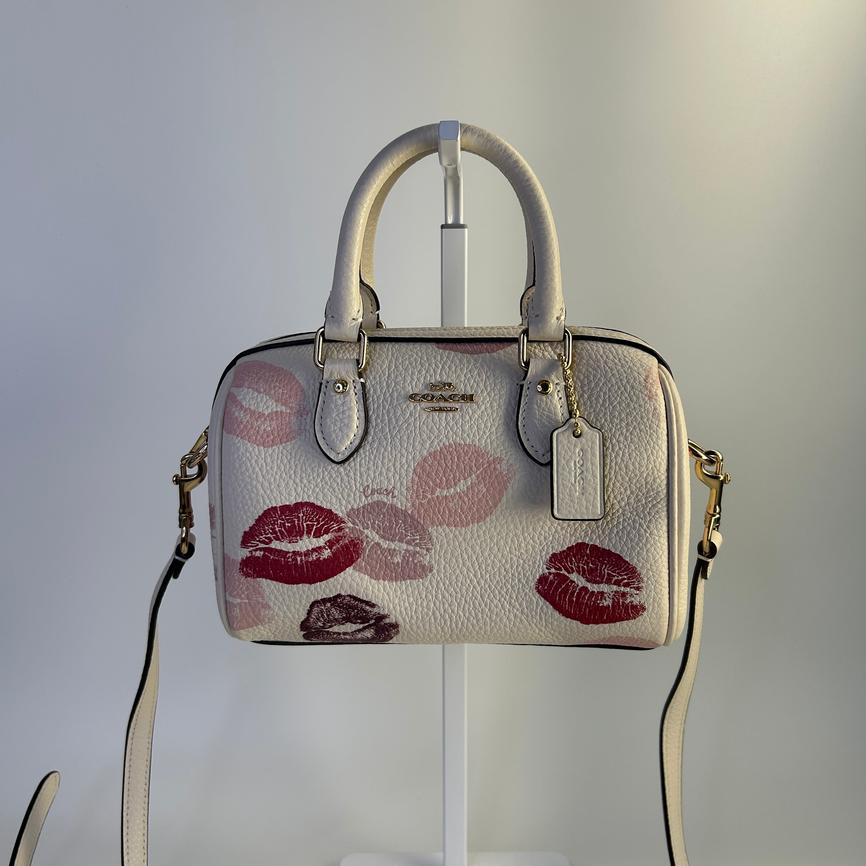 Coach Mini Rowan Crossbody Chalk White Pebbled Leather Lips Print CZ944 NEW