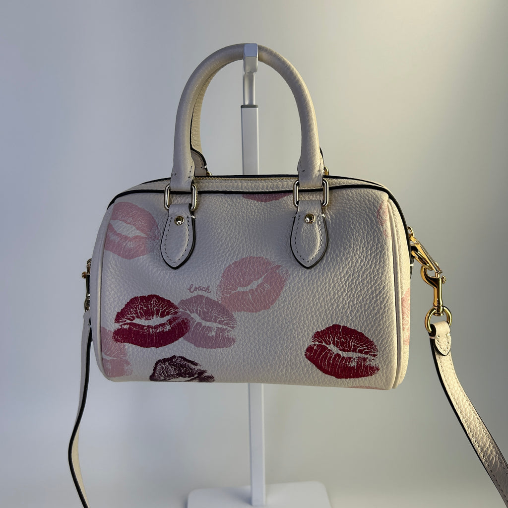 Coach Mini Rowan Crossbody Chalk White Pebbled Leather Lips Print CZ944 NEW