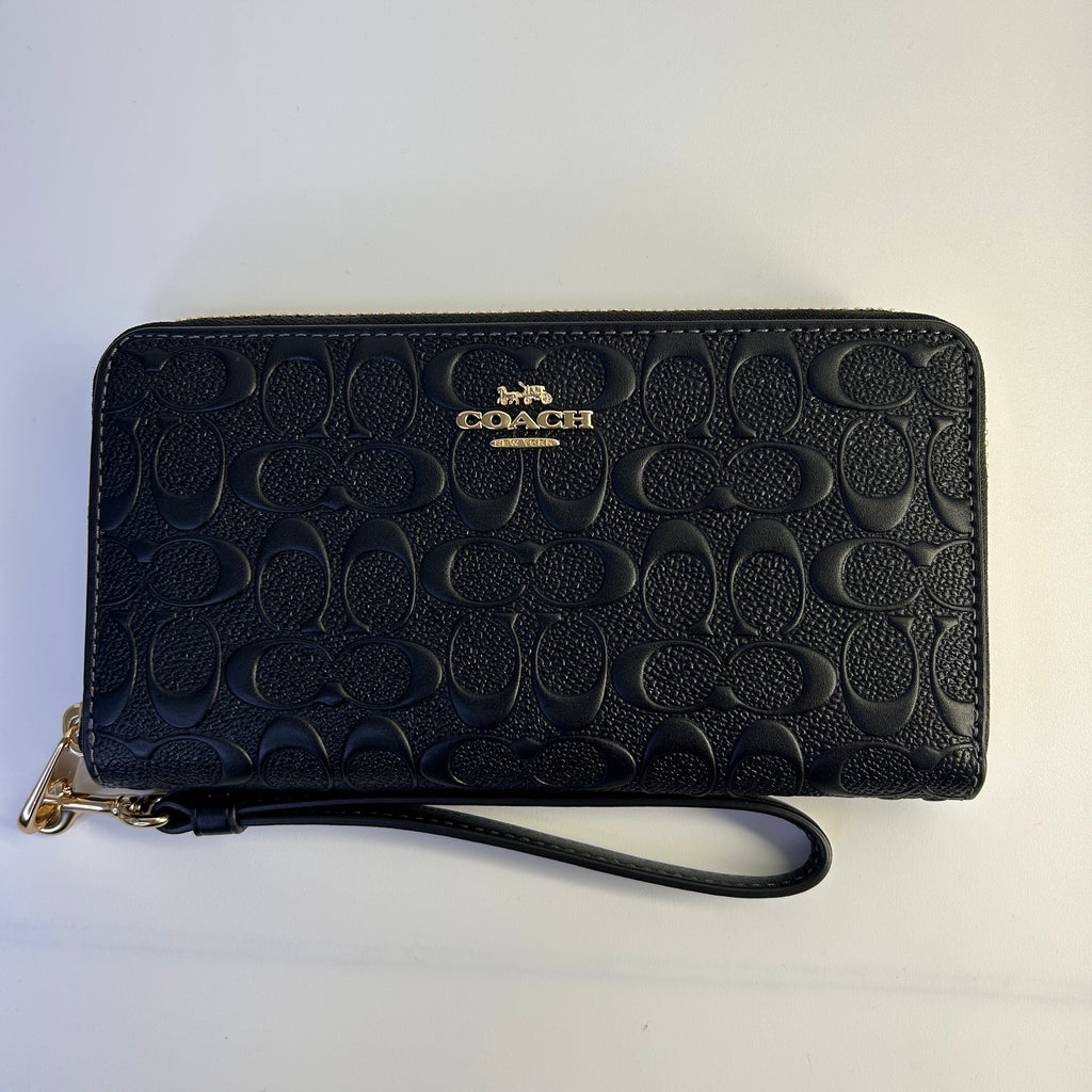 Coach Long Zip Around Black Signature Leather Wristlet Wallet Excellent