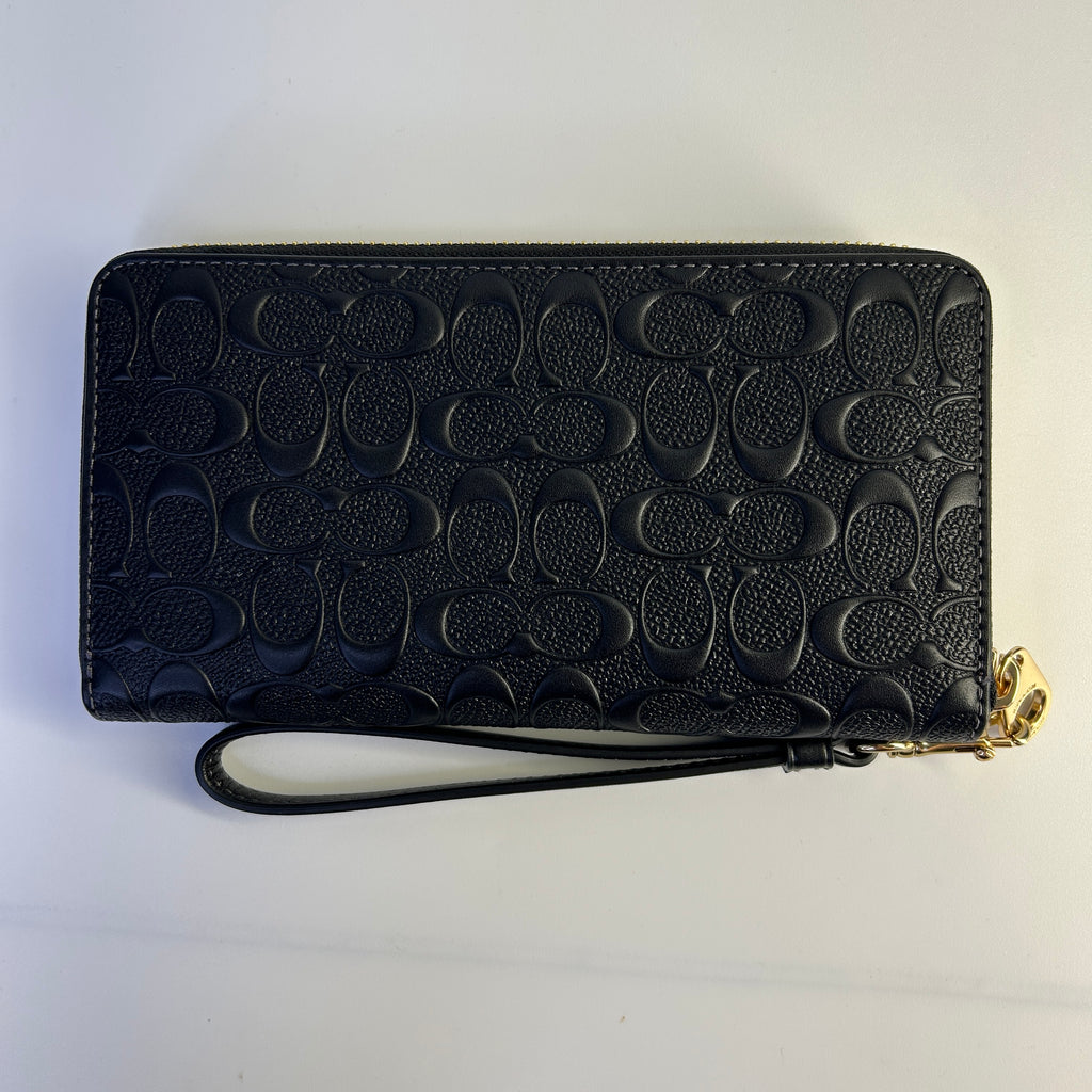 Coach Long Zip Around Black Signature Leather Wristlet Wallet Excellent
