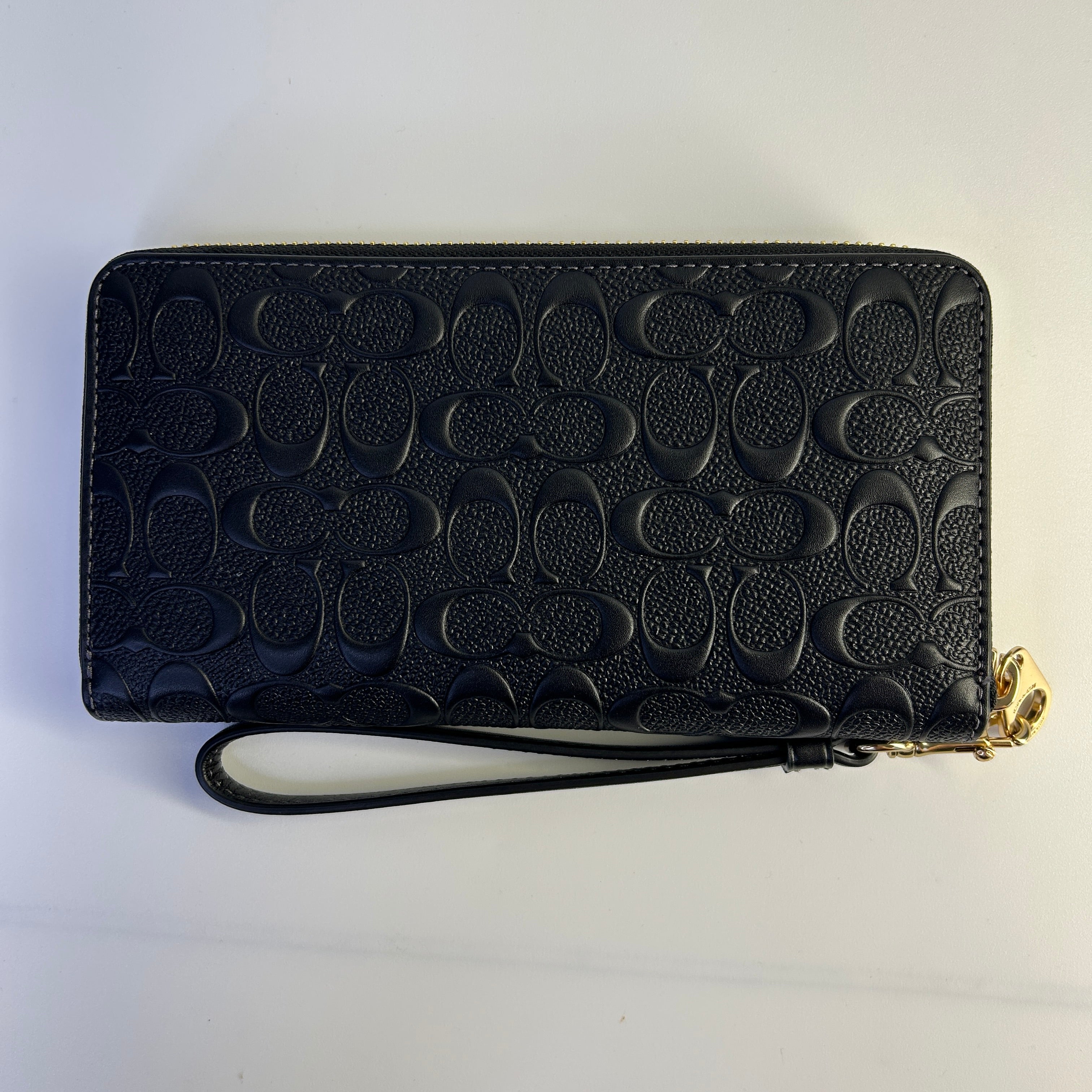Coach Long Zip Around Black Signature Leather Wristlet Wallet Excellent