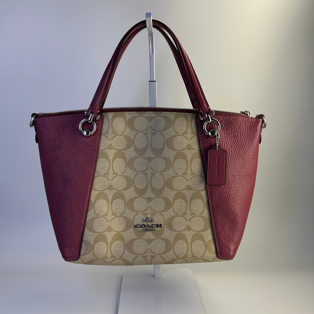 Coach Kacey Satchel Khaki Wine Signature Canvas Leather Handbag Excellent