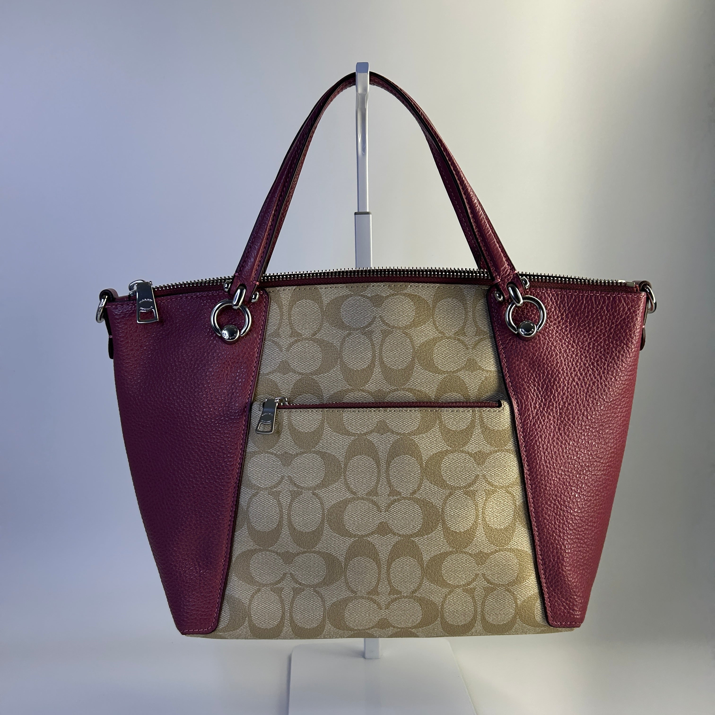 Coach Kacey Satchel Khaki Wine Signature Canvas Leather Handbag Excellent
