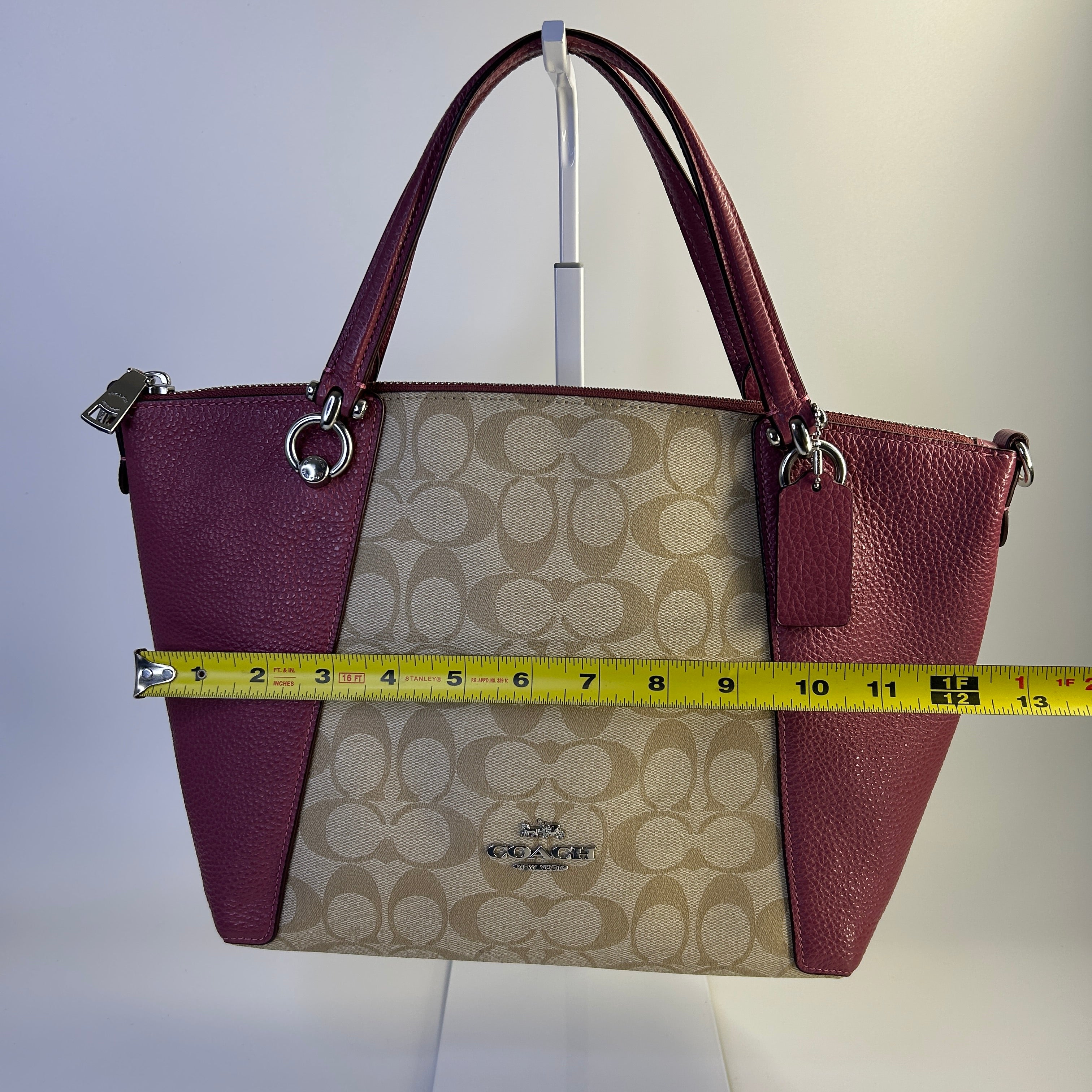 Coach Kacey Satchel Khaki Wine Signature Canvas Leather Handbag Excellent