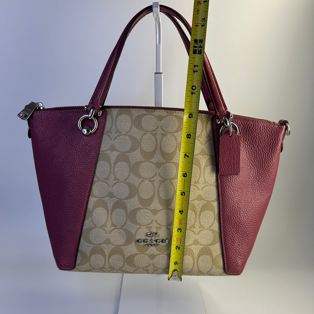 Coach Kacey Satchel Khaki Wine Signature Canvas Leather Handbag Excellent