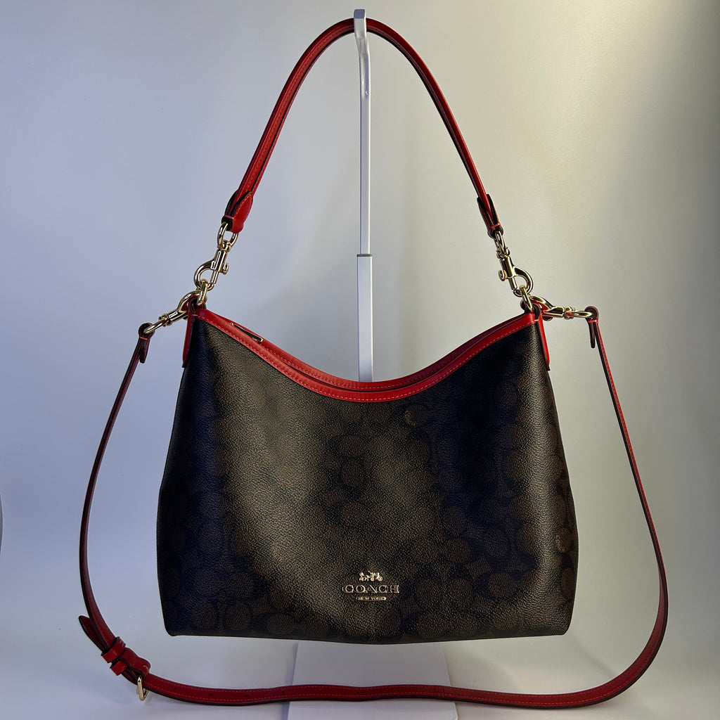 Coach Laurel Brown Red Signature Canvas Leather Shoulder Bag CV975 Excellent