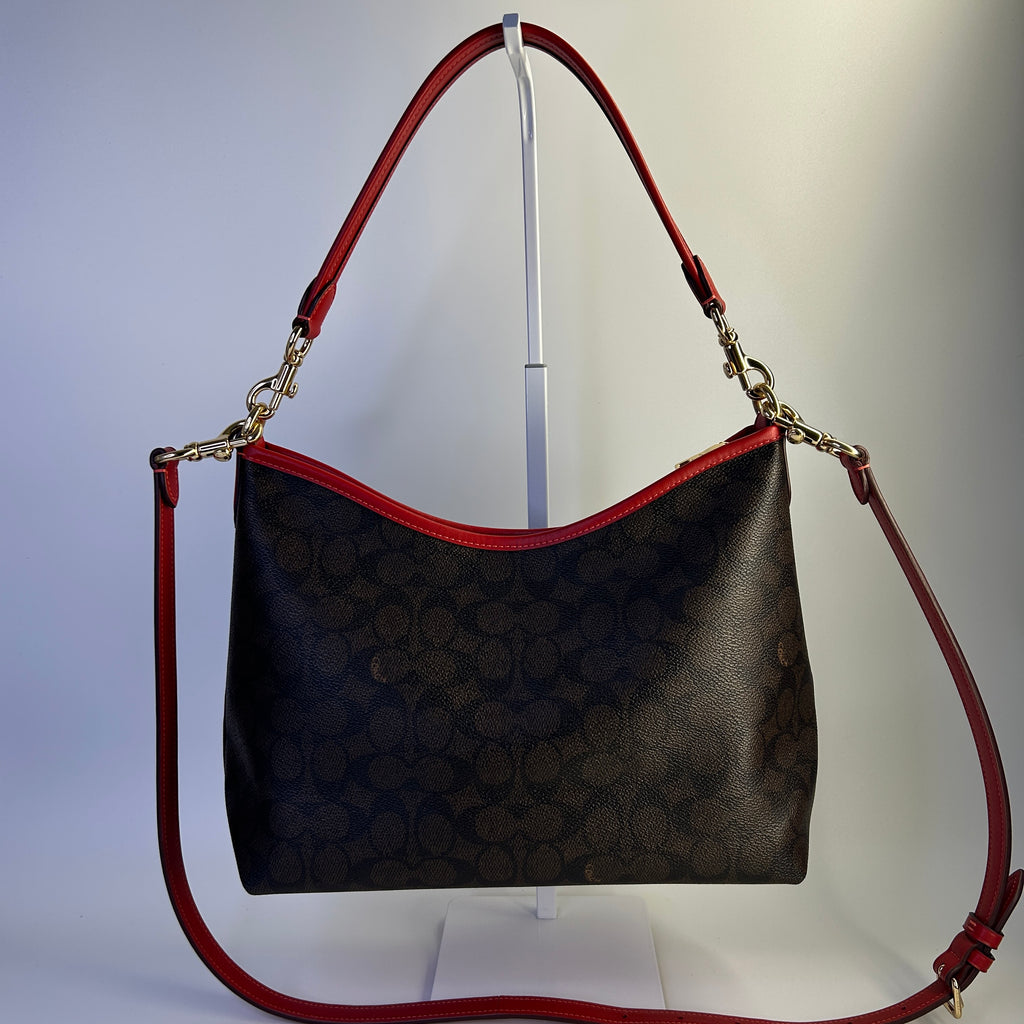 Coach Laurel Brown Red Signature Canvas Leather Shoulder Bag CV975 Excellent