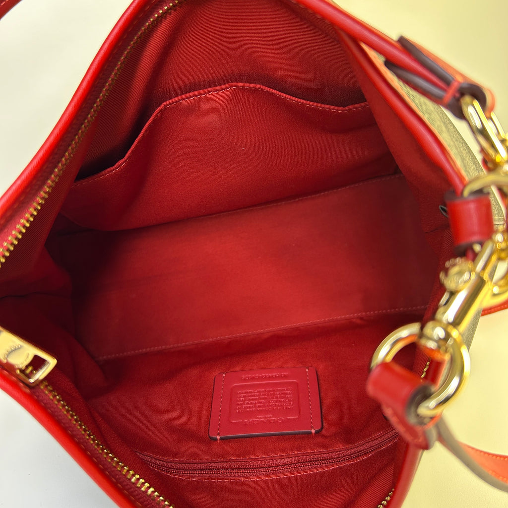 Coach Laurel Brown Red Signature Canvas Leather Shoulder Bag CV975 Excellent