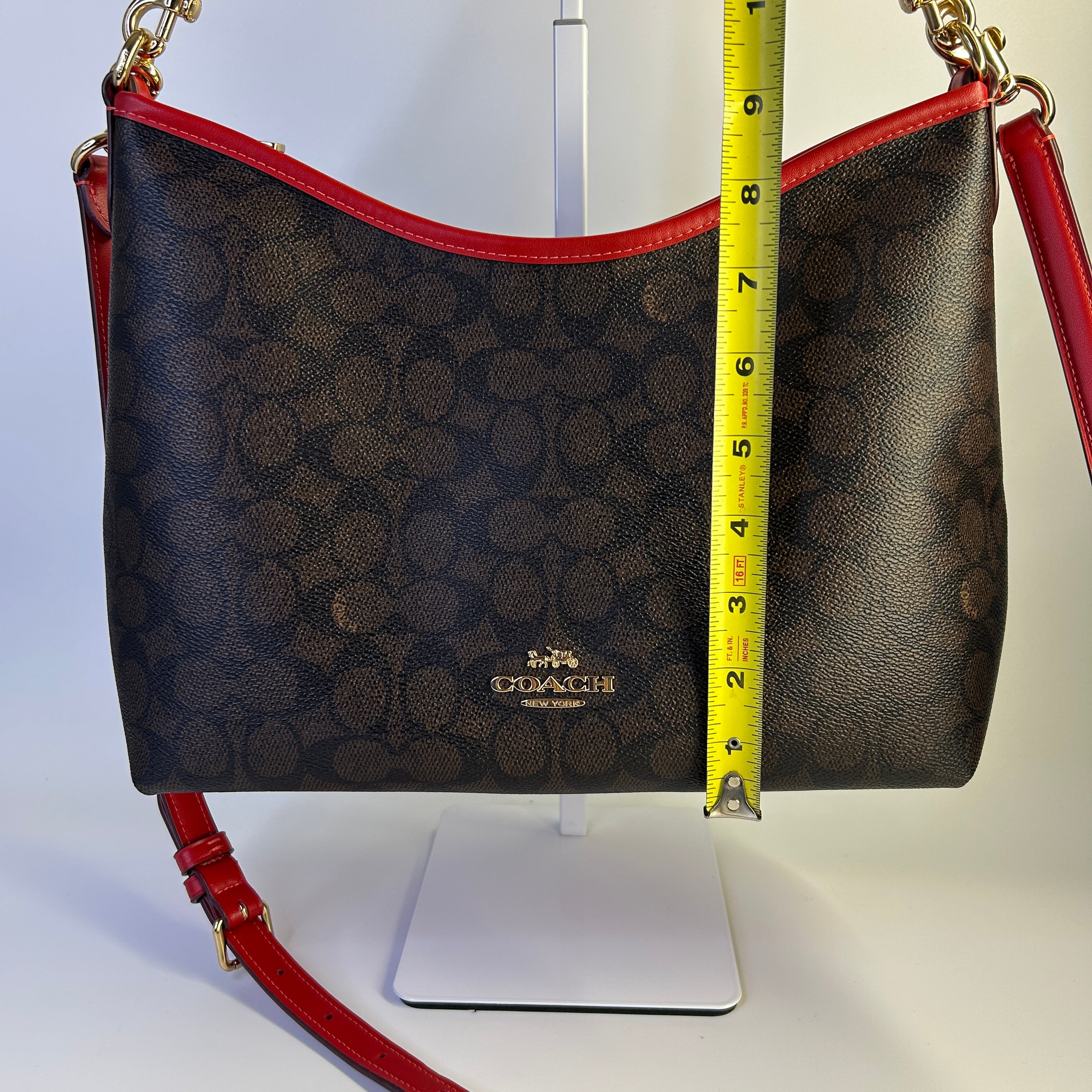Coach Laurel Brown Red Signature Canvas Leather Shoulder Bag CV975 Excellent