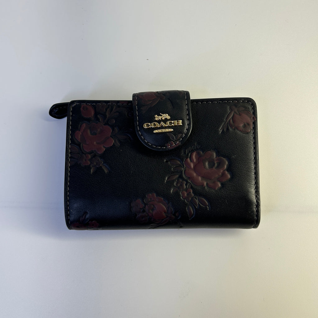 Coach Medium Corner Zip Wallet Black Floral Leather Bifold Fair