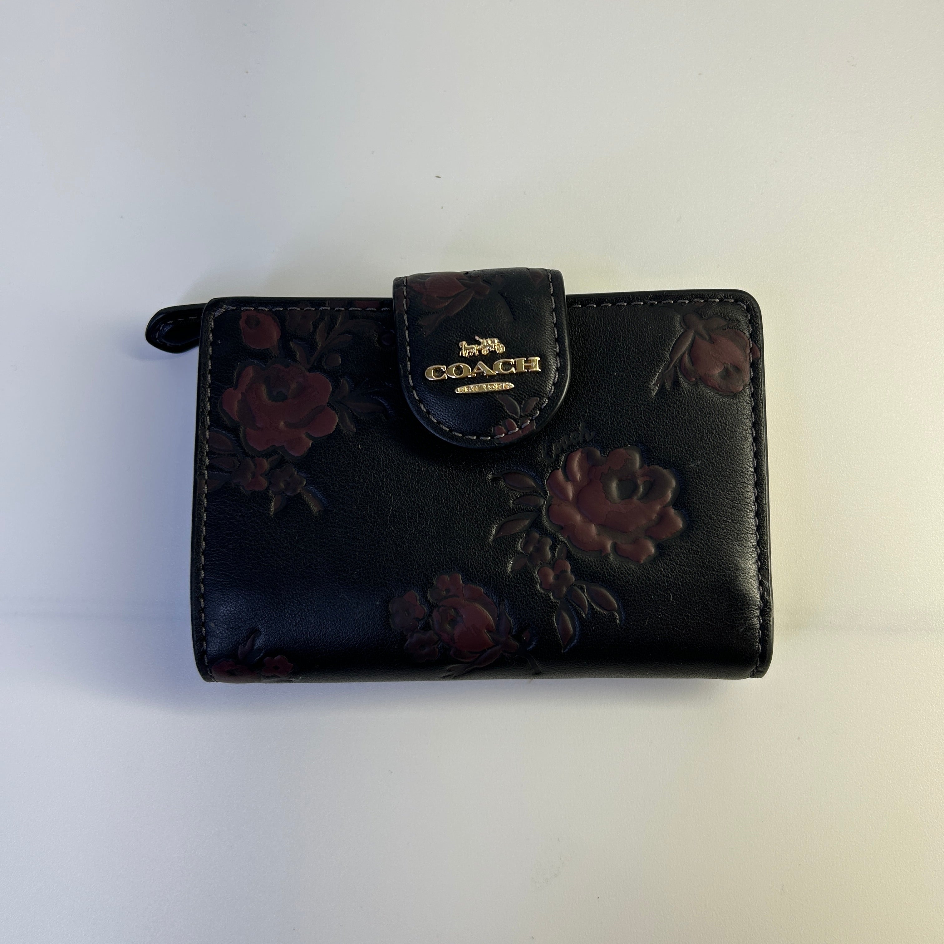 Coach Medium Corner Zip Wallet Black Floral Leather Bifold Fair