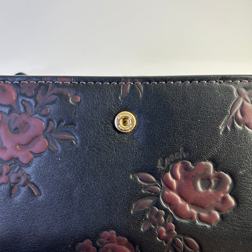 Coach Medium Corner Zip Wallet Black Floral Leather Bifold Fair