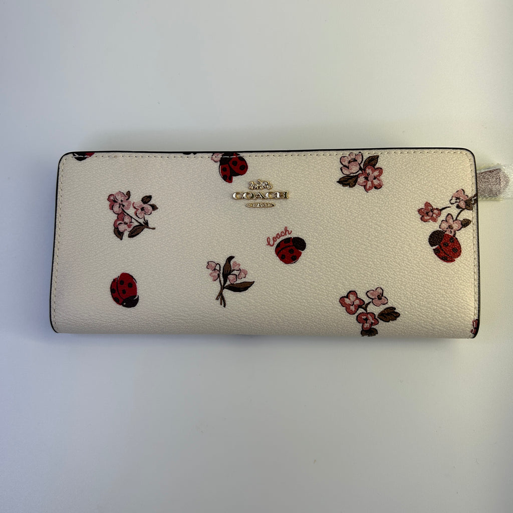 Coach Slim Wallet Ladybug Floral Chalk White Leather C7306 Like New