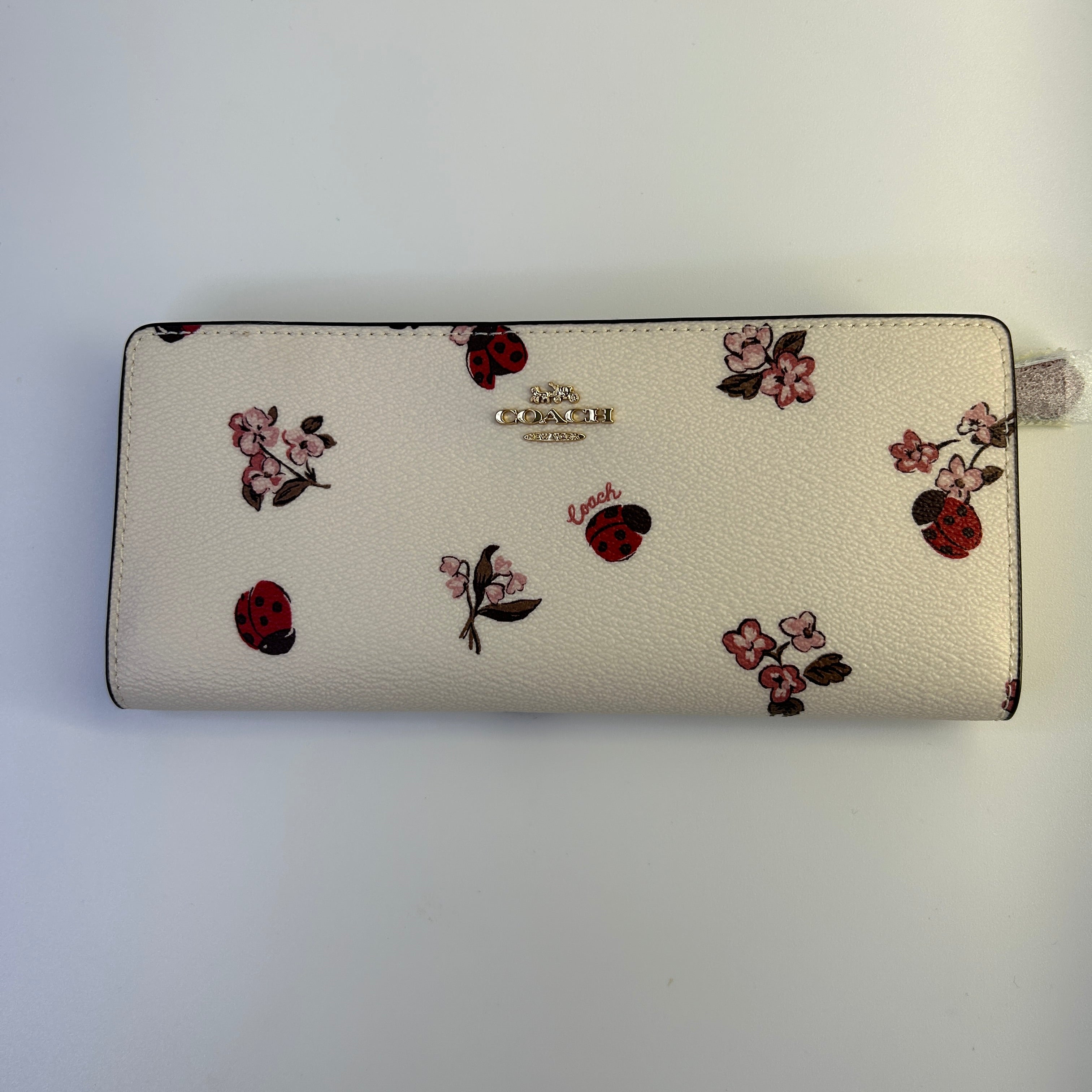 Coach Slim Wallet Ladybug Floral Chalk White Leather C7306 Like New