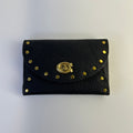 Coach Turnlock Slim Card Case Black Pebbled Leather Rivet Wallet Excellent