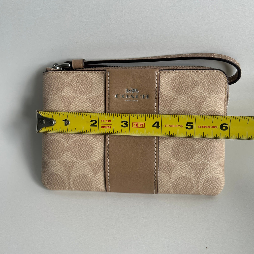 Coach Corner Zip Wristlet Signature Canvas Varsity Stripe Beige Brown C8465 Bag