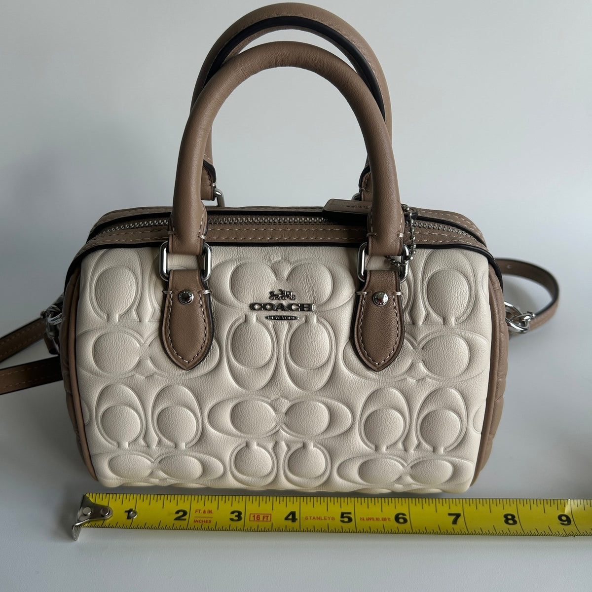 Coach Mini Rowan Crossbody Bag Blocked Signature Leather Chalk Taupe CY744