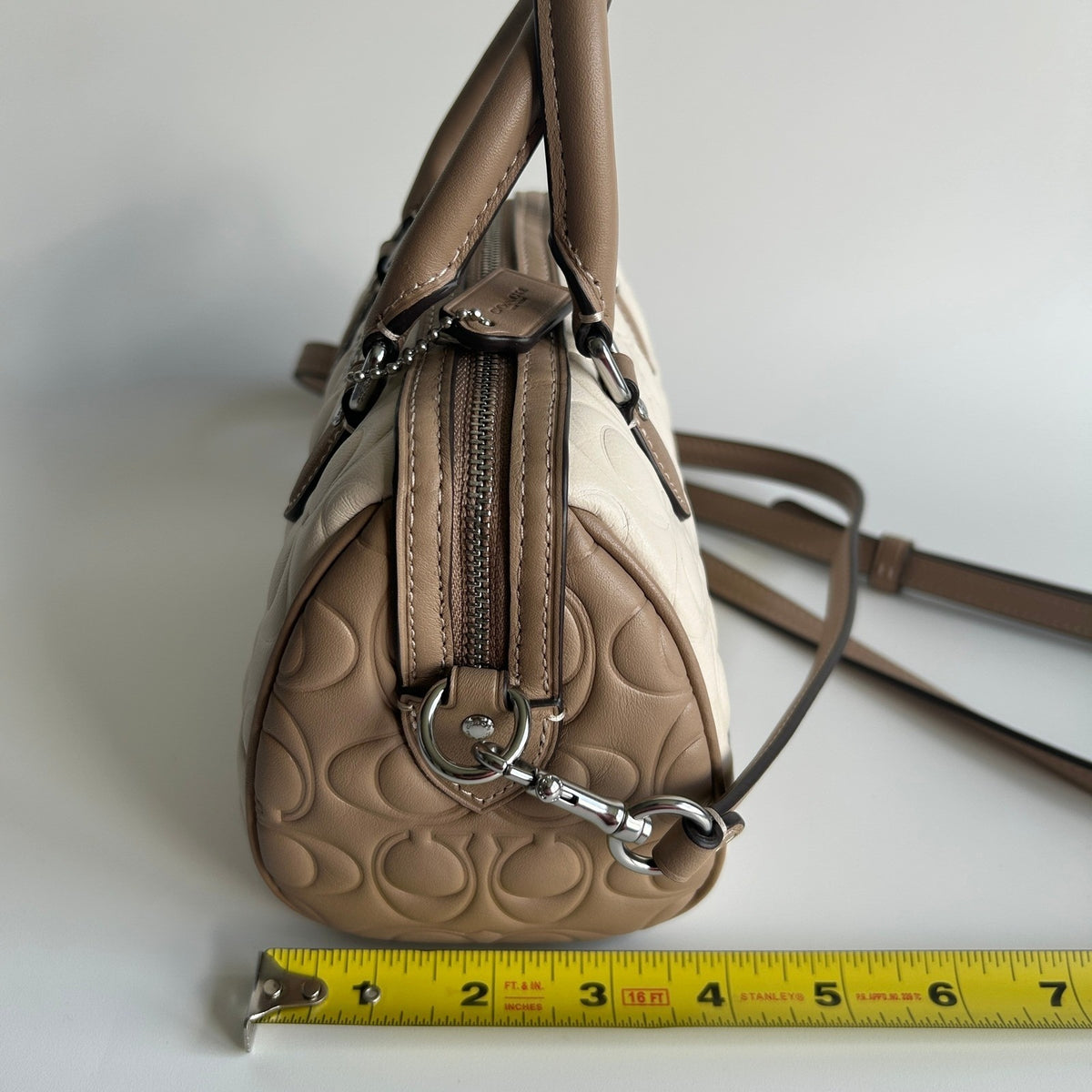 Coach Mini Rowan Crossbody Bag Blocked Signature Leather Chalk Taupe CY744