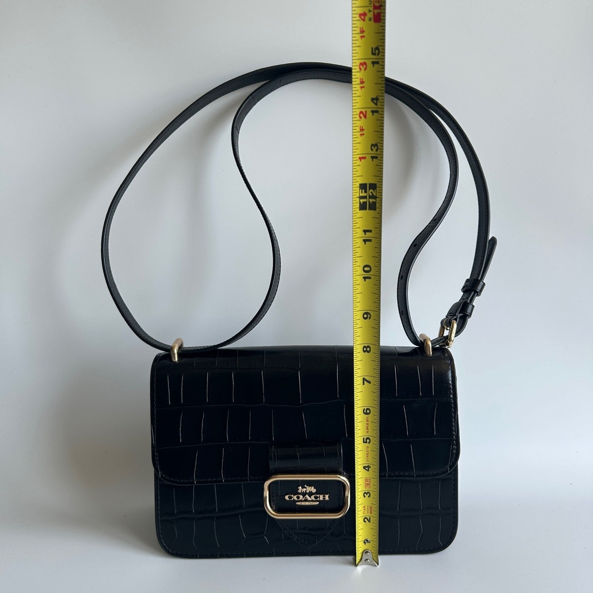Coach Morgan Square Black Crocodile Embossed Leather Crossbody Bag Excellent