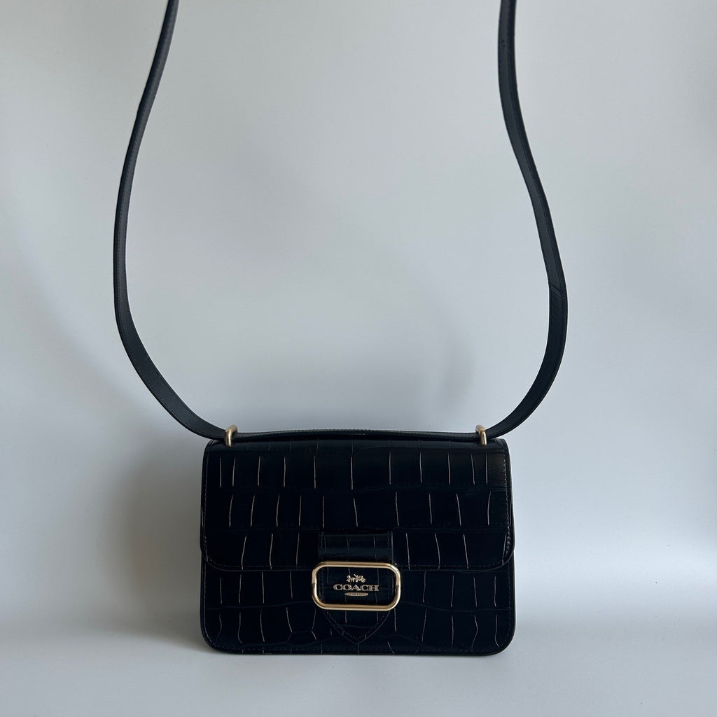 Coach Morgan Square Black Crocodile Embossed Leather Crossbody Bag Excellent
