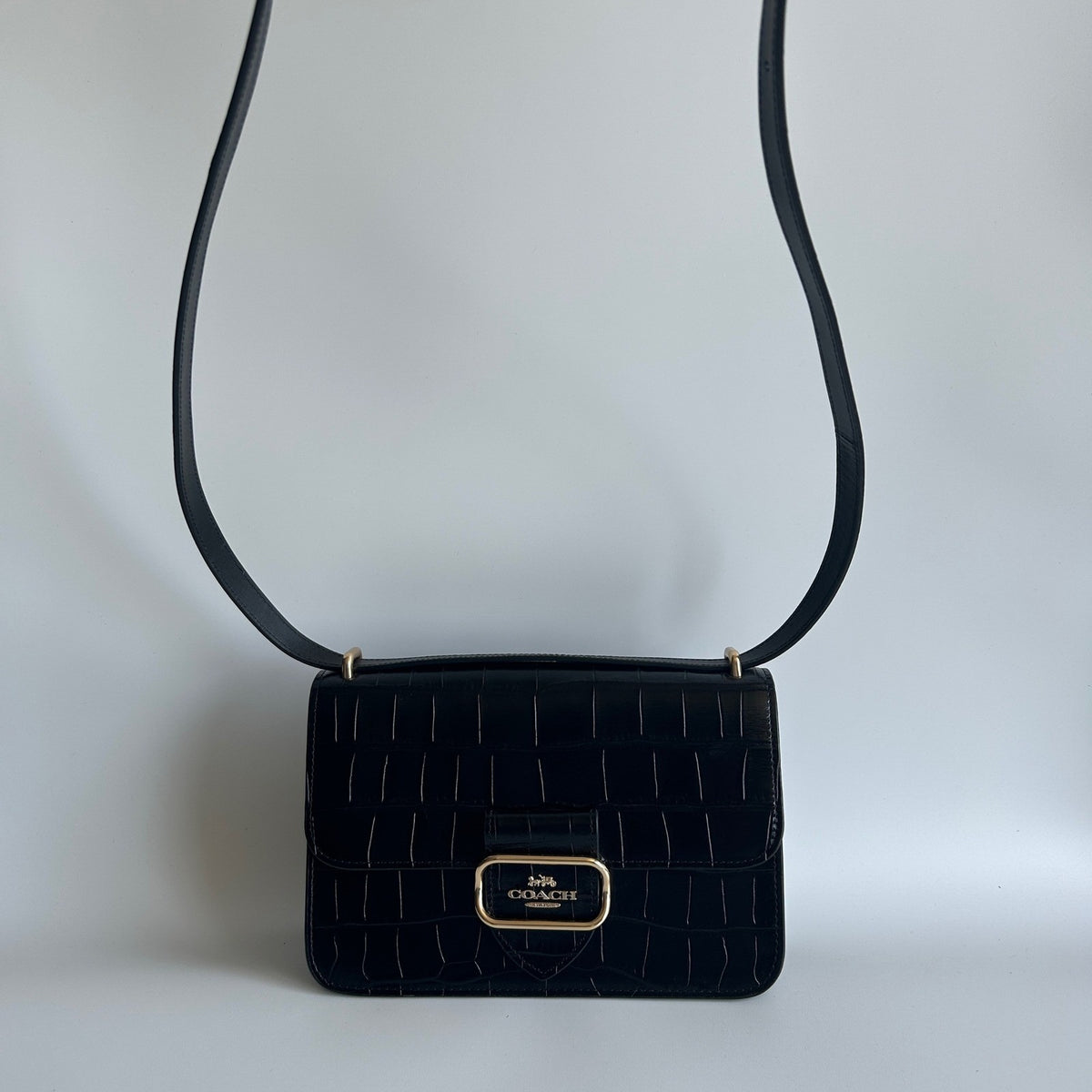 Coach Morgan Square Black Crocodile Embossed Leather Crossbody Bag Excellent