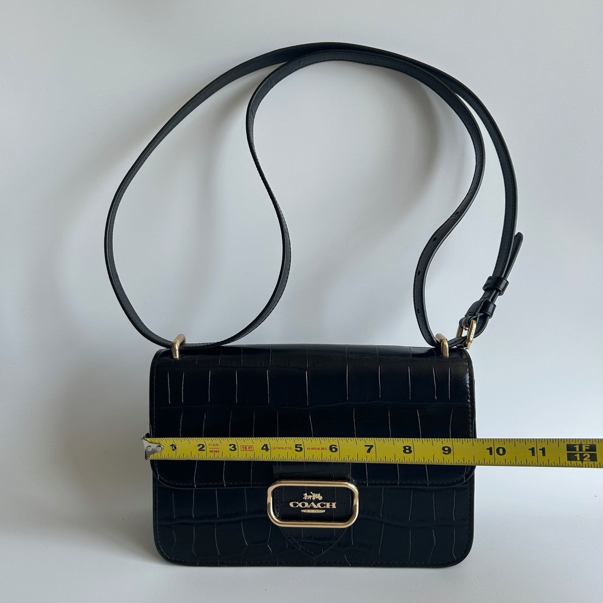 Coach Morgan Square Black Crocodile Embossed Leather Crossbody Bag Excellent