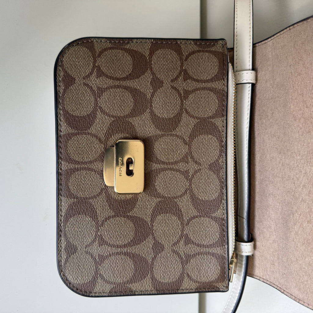 Coach Mini Brynn Flap Crossbody Bag Khaki Chalk Signature Canvas C5592