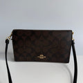 Coach Anna Foldover Crossbody Clutch Brown Black Signature Coated Canvas 3036