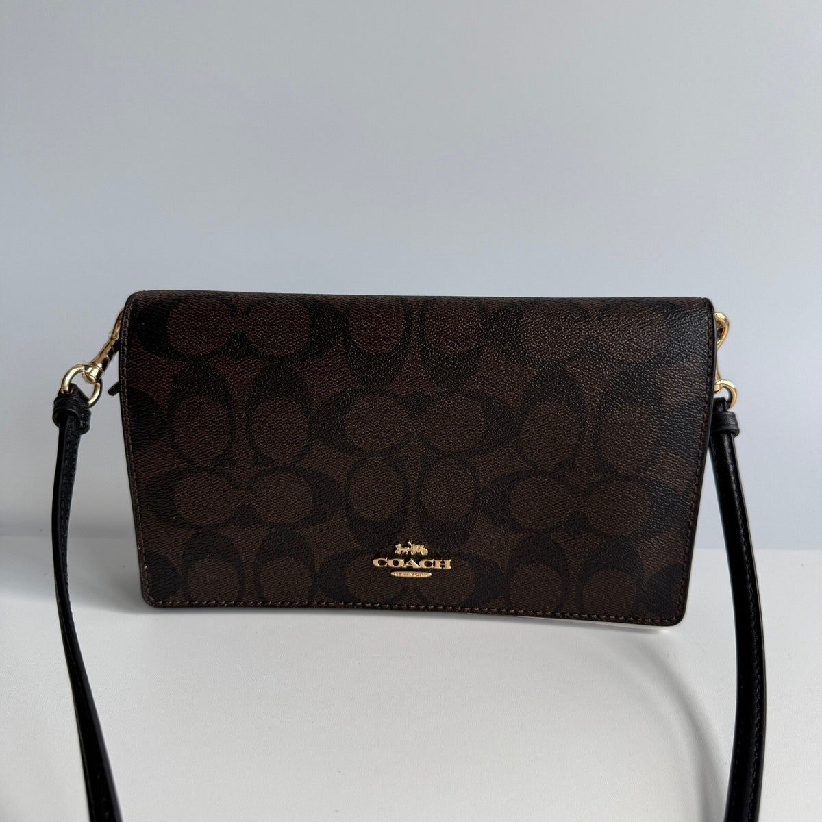 Coach Anna Foldover Crossbody Clutch Brown Black Signature Coated Canvas 3036