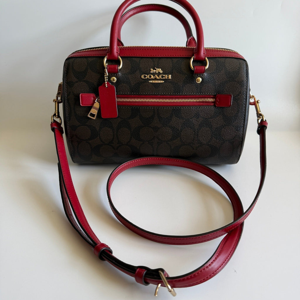 Coach Rowan Satchel Brown True Red Signature Canvas Bag F83607