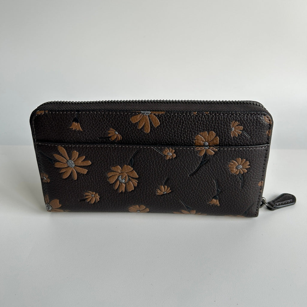 Coach Accordion Zip Wallet Pewter Pebble Leather Floral Print CE776