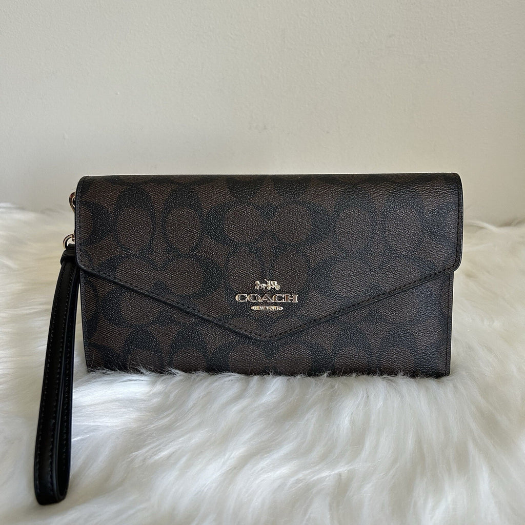 Coach C1962 Travel Envelope Wallet Brown Black Signature Canvas NWT