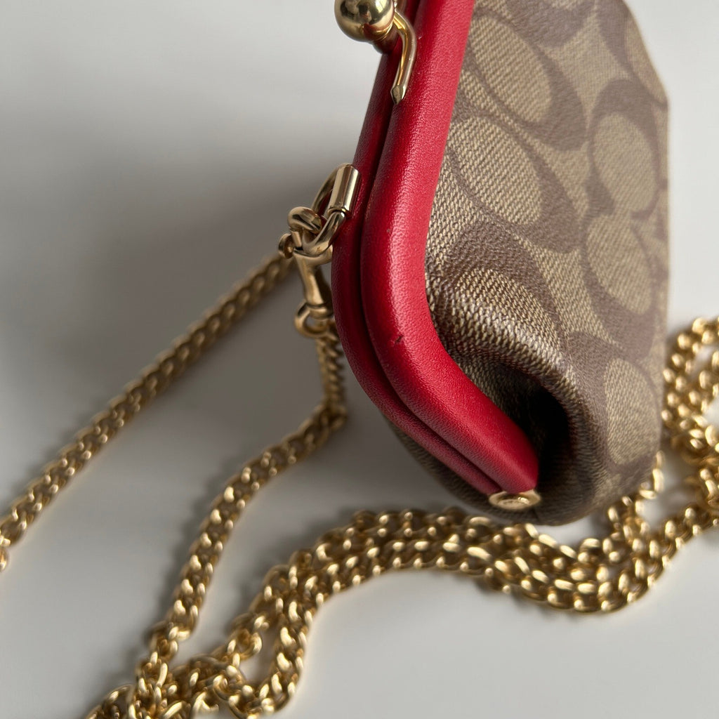 Coach Nora Kisslock Card Case Red Signature Canvas Crossbody Wallet CH520