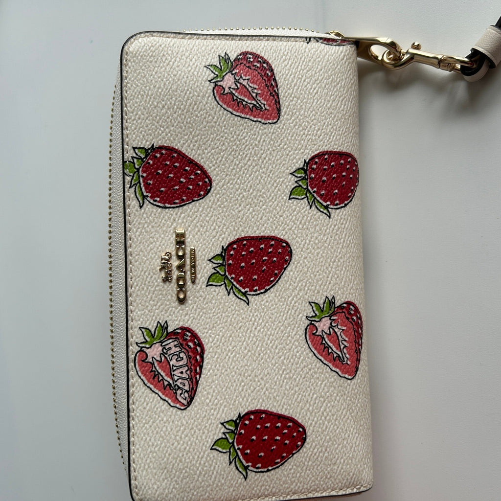 Coach Strawberry Print Chalk Multi Coated Canvas Zip Around Wallet CA090