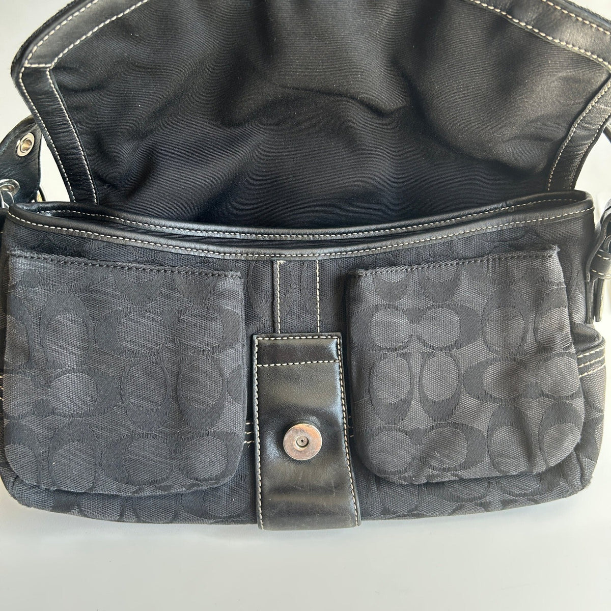 Coach Soho Signature Flap Black Canvas Leather Shoulder Bag 6314