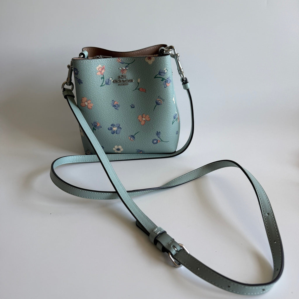 Coach Mini Town Bucket Bag Light Teal Floral Leather C8608 Crossbody