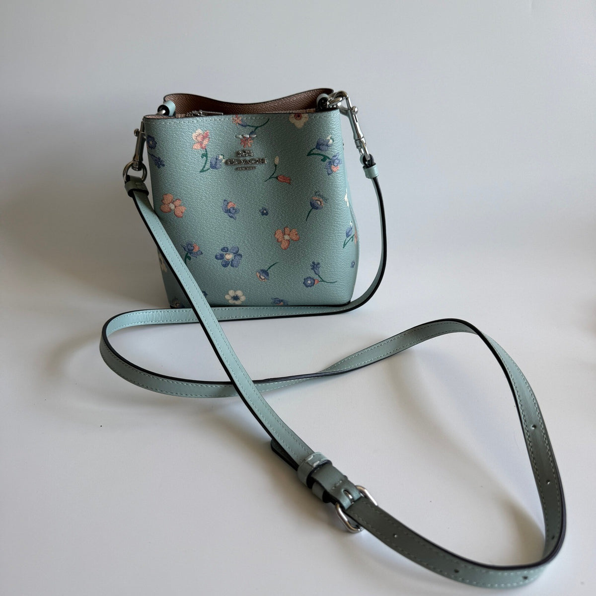 Coach Mini Town Bucket Bag Light Teal Floral Leather C8608 Crossbody